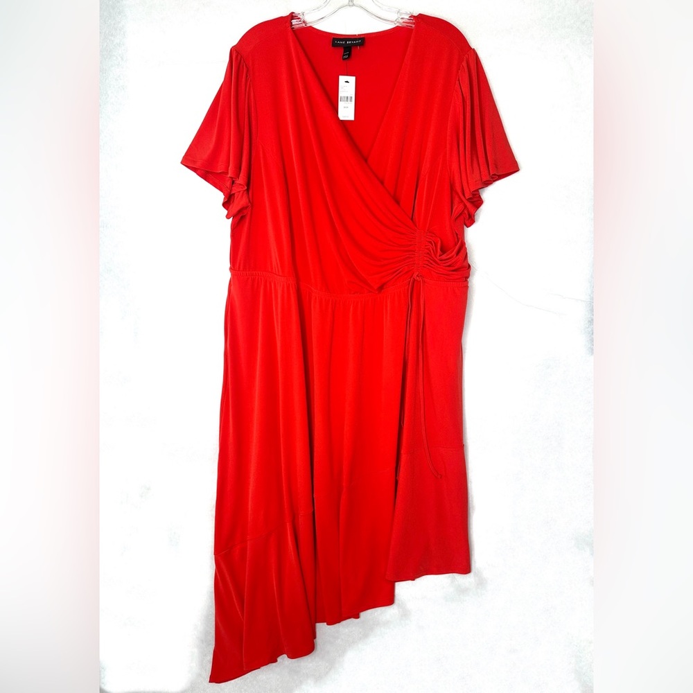 Lane Bryant Women Size 22/24 Red Knit Faux Wrap Midi Dress Asymmetrical Hem
